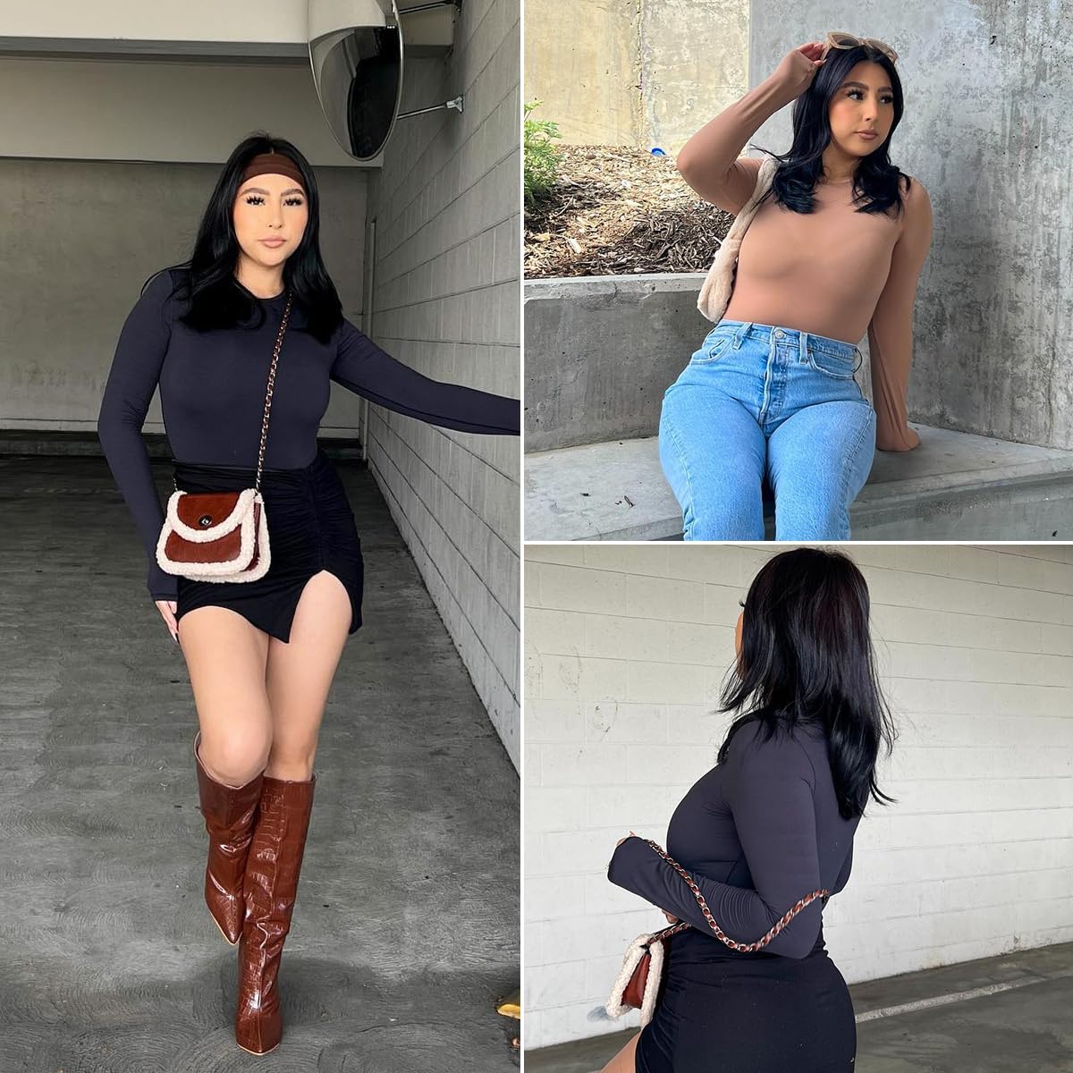 YIANNA Long Sleeve Bodysuit for Women Crew Neck Second-skin Feel Thong Body Suits Tops