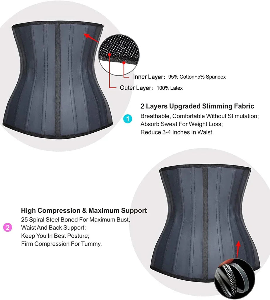 YIANNA Women Latex Waist Trainer 25 Steel Bones 3 Row Hooks